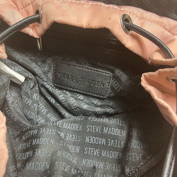 Steve Madden blush pink nylon drawstring backpack black faux leather accents